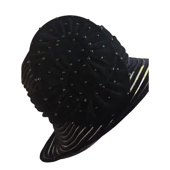 Swan Hat NY Black Velvet ClocheFlapper 1920s Gatsby Beaded Hat